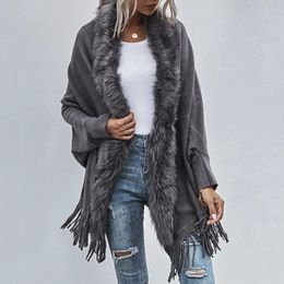 Sweaters Faux Fur Collar Cardigan Poncho Tassel Trim Layered Knitted Cape Solid Sweater Coat Women Casual Loose Shawl Mid Length Jacket