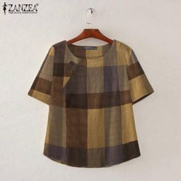 Blouse ZANZEA Women Vintage Plaid Blouse Shirts 2022 Summer Short Sleeve Button Up Tops Oversized Casual O Neck Blusa Femininas Chemise