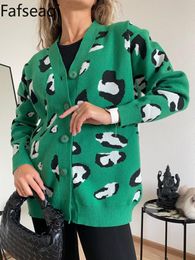 Sweaters 2022 Winter Beige Leopard Print Cardigan Women with Buttons Green Oversize Jacket Loose Thick Warm Knitted Cardigan for Womens