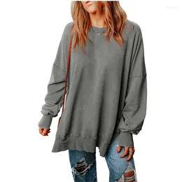Women's Hoodies Autumn Solid Color Side Slit Sweatshirt Female Vintage Round Neck Long Sleeve Tops Casual Loose Street Women Clothes