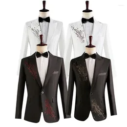 Men's Suits Diamond Trim Fashion Male 2 Pieces Set Black White Single Button Man Wedding Party Stage Host Blazer Pants Sets