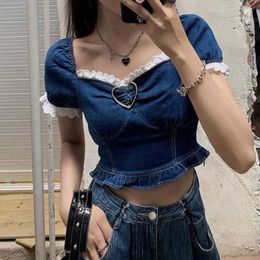 Kadın bluzları y2k denim mahsul üst kısımlar yüksek bel giyim mavi gotik punk kızlar tişört kadın tees kadın yaz t harajuku vintage üst