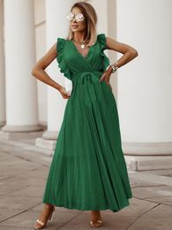 Dresses Fashion Elegant Women Dress Sleeveless V neck Long Summer Dress Sexy Pleat Party Dress Female Chiffon Maxi Green Dress With Belt