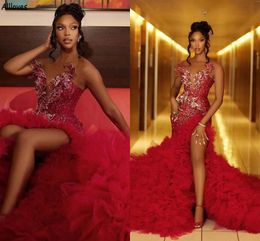 Gorgeous Cascading Ruffles Red Prom Dresses For African Girls Art Lace Applique Beaded Party Evening Gowns Long Mermaid Thigh Split Second Reception Dress CL2212