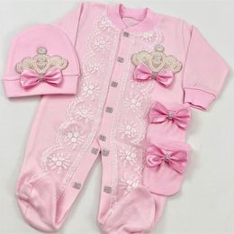 Pajamas Dollbling 3pcs born Baby Pink Lace Outfits Personalised Name Sleepsuit Nest Girl Pearly Crown Onesie Christening Gift 231124