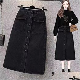 Skirts Denim Skirt Womens Plus Size Spring And Autumn Korean Style Fashion Single-Breasted Split High Waist Black A-Line Drop Delivery Otmiy