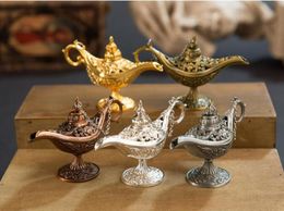 Excellent Fairy Tale Aladdin Magic Lamp Incense Burner Vintage Retro Tea Pot Genie Lamp Aroma Stone Home Ornament Metal Craft6883588