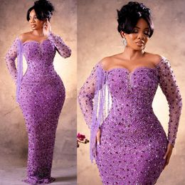 Purple Plus Size Mermaid Aso Ebi Prom Gowns Sequined Formal Party Evening Dress Second Reception Birthday Dresses African Arabic Engagement Beaded Gowns AM057