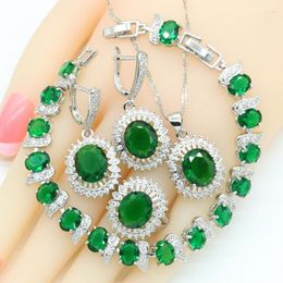 Necklace Earrings Set Green Stones Dubai Silver Colour Bridal For Women Bracelet Pendant Rings Gift Box