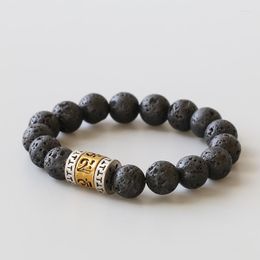 Strand 10mm Lava Rock Stone Antique Mantra Charm Bracelet Mani Padme Hum OM Handmade Gift For Men Religious Karma Wrsit Jewellry