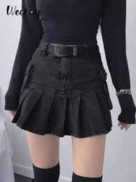 Dresses Weekeep Black Pleated Skirts Women Denim Skirt Y2k Aesthetic Streetwear Ruffle Mini Sexy Skirts Harajuku Elegant 2022 Bottom 90s