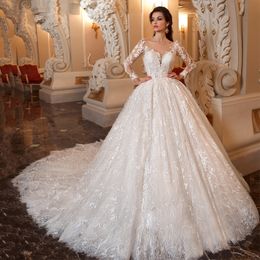 lace Muslim Wedding Dresses Long Sleeves Beading Plus Size Bridal Gowns Arabic Sweep Train Custom Made Vestidos de novia Ball Gown Western Garden Boho Wed gown