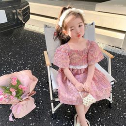 Girl Dresses Kids Clothing For Girls Dress Summer Princess Fashion Sweet Solid Color Square Collar Pink Plaid Puff Sleeve Korean A-line Cute