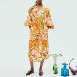 Australian designer linen long sleeved floral print shirt dress