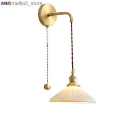 Wall Lamps IWHD Pull Chain Ceramic Modern Wall Lamp Beside Wire Adjustable Copper Socket Bedroom Living Room Nordic LED Mirror Stair Light Q231127