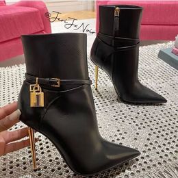 2024 Luxury Winter Brand Padlock Ankle Boots Women Golden Metal Stiletto Heel Key & Lock Suede Leather Party Wedding Lady tom fords Booties EU35-43 With Box