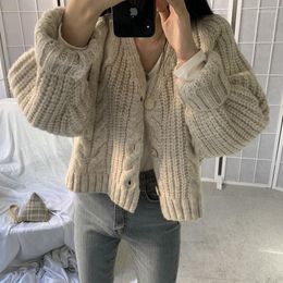 Women's Knits Vintage Cropped Cardigans Tops Women Korean Fashion Single Breasted Criss-Cross Sweater Female Fall 2023 V Neck Brown Cardigan