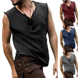 Men's Tank Tops Shirts for Men Sleeveless V Neck Top Mens Clothing Summer Streetwear Casual Ripped Solid Colour Shirt Vintage 230426
