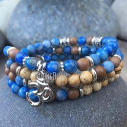 Strand BM10705 Denim Lapis Picture Jasper Stone With OM Charm Prayer Wrist Mala Affirmation Rosary Bracelet Silver Plated