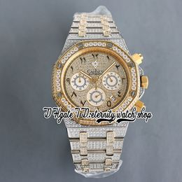 SF sf26067 Japan Miyota Quartz Chronograph Movement Mens Watch Yellow Gold Bezel Iced Out Diamond Dial Arabic Markers Two Tone Diamonds Bracelet eternity Watches