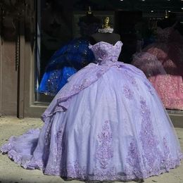 Sukienki koronkowe lawendowe eleganckie aplikacje cekin vestidos de quinceanera słodkie suknie konkursowe balowe suknie