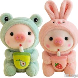 Plush Dolls 1pc 25cm Cosplay Unciorn Frog Tiger Bunny Boab Tea Plushie Pink Pig Plush Toy Girl Cuddly Baby Appease Doll Birthday Gift 230427