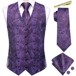 Men's Vests Hi-Tie Dark Purple Men Silk Vest Paisley Jacquard V-Neck Waistcoat Necktie Hanky Cufflinks Clips Wedding Business Formal Party