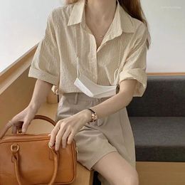 Women's Blouses Lucyever Vintage Turn-Down Collar Shirts Women 2023 Summer Striped Casual Baggy Blouse Woman Korean All-Match Soft Simple