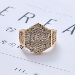 Cluster Rings Explosions Hip Hop Men's Hexagonal Ring Micro Inlaid Zircon Gold