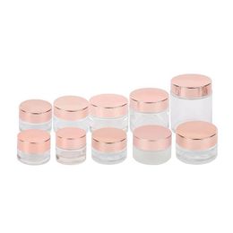 Frosted Clear Glass Jar Cream Bottle Cosmetic Container with Rose Gold Lid 5g 10g 15g 20g 30g 50g 100g Packing Bottles Bwdsx