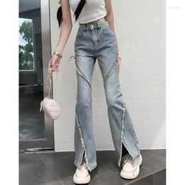 Women's Jeans Korean Summer Split Women High Waist Irregular Spliced Denim Pants Zipper Trousers Female Y2k Pink Bandage Flared Pant