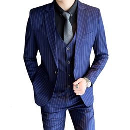 Men's Suits Blazers 3 Pcs Set Blazers Jacket Pants Vest / Fashion Men's Casual Boutique Business Striped Groom Wedding Suit Trousers Waistcoat 230427