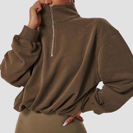 Active Shirts High Collar Pullover Jacket Women Gym Yoga Fitness Long Sleeve Loose Half Zipper Outdoor Running Drawstring Sports Coat