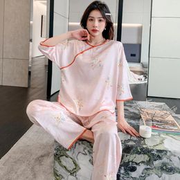 Women's Sleepwear Women Print Pyjamas Set Nightwear Home Wear Clothes Spring 2PCS SATIN Long Sleeve Shirt&pants Sleep Suit Lingerie