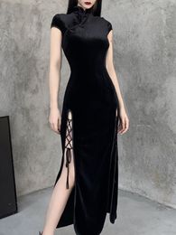 Casual Dresses Goth Dark Romantic Gothic Velvet Aesthetic Vintage Women Black Bandage SlitHem Bodycon Dress Sexy Evening Wear Cheongsam 230427