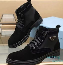Wintry Brand Men Monolith Ankle Boots Black Brushed Leather & Nylon Lace-up Technical Rubber Sol