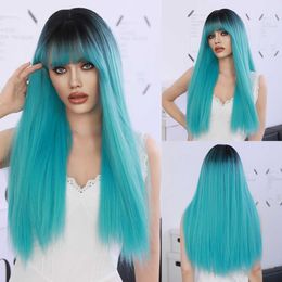 Synthetic Wigs Wig Women's Lake Blue Long Straight Hair Bangs Synthetic Wig Set Blue Wig