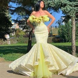 Party Dresses Elegant Yellow Lace Mermaid Prom Strapless Long Sleeves Handmade Flower Evening Dress Women Pageant Gowns