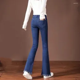 Women's Jeans Thick Slim Velvet Lined Flare Womens Korean Fashion Tassel Design Warm Trouseers Mid Waist Plush Big Size Mom Z297