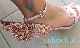 Evangeline Angel Wing Sandal Plus Genuine leather Women Wedding Pink Glitter Shoes Sexy Girl Butterfly Sandals