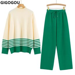 Womens Two Piece Pants Gigogou Euro Designer Autumn and Winter Sweatshirt 2piece Set Extra Large Knitted TopWide Leg Warm 231128