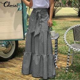 Skirts Celmia Women Skirts Vintage Plaid Long Skirts Female High Waist Casual Loose Belted Pleated Cheque Party Maxi Skirt 230428