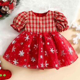 Girl Dresses Christmas Tutu Dress Toddler Girls Xmas Short Sleeve Clothes Plaid Snowflake Patchwork Red Cute Tulle Princess