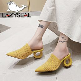 Slippers LazySeal 7cm Fretwork Heels Pointed Toe Slippers Women Shoes Stretch Fabric Air Mesh Mules Flip Flop Slip On Slides Plus Size 43 230428