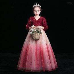 Girl Dresses Empire Full Sleeves V-Neck Ball Gown Simple Sequins Floor-Length Kids Party Communion For Weddings A2217
