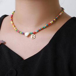 Choker Boho Initial Necklace For Women Shell Heart Charms Stainless Steel Letter Pendant Turquoise Stone Bead Collares