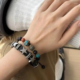 Charm Bracelets Vintage PU Leather Bracelet Women Metal Cool Trend Star Spikes Rivet Gothic Wide Cuff Fashion Adjustable Jewellery Gift