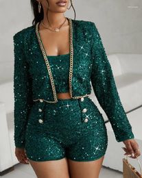 Women's Tracksuits Allover Sequin Bandeau Top & Button Decor Shorts Set With Chain Blazer Coat 2023 Autumn Winter Spring Fashion Casual