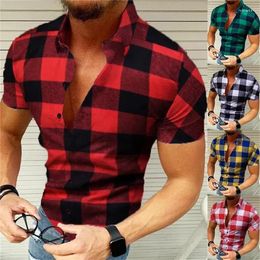 Men's Casual Shirts 2023 Plaid Shirt Button Short Sleeve Lapel Summer Tops Hawaiian Large Size 5XL