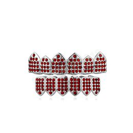 Hip Hop Iced Out Full Red Diamond Teeth Grillz Halloween Teeth Body Jewellery